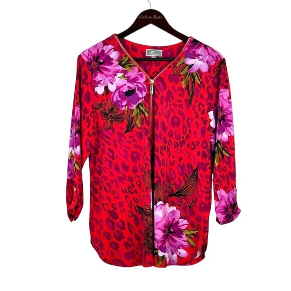 New JM Collection Women Sz PXL Red Pink Zip Neck Blouse Roll Tab Sleeve Tunic U4 - Picture 1 of 11